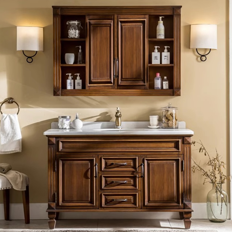 隐藏浴室柜组合橡木实木落地美式洗手池洗脸盆风水镜卫浴柜洗漱台