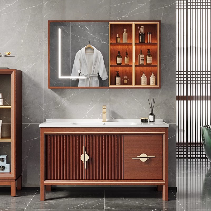 新中式橡木浴室柜组合卫生间岩板池洗脸盆实木柜智能洗漱台卫浴柜