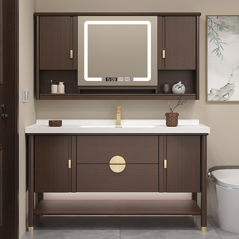 新中式陶瓷一体盆落地式浴室柜组合橡木实木卫生间洗漱台洗脸盆柜