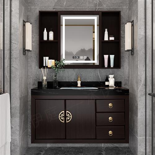 新中式橡木浴室柜组合洗手盆卫生间洗漱台岩板洗脸台盆实木卫浴柜