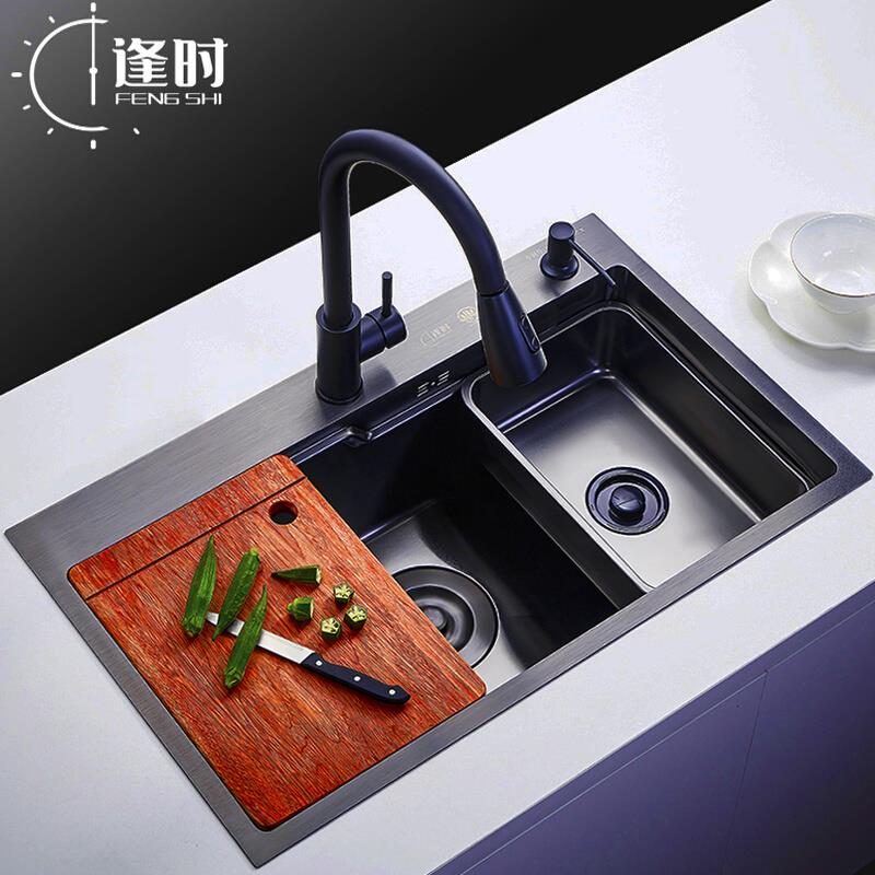 多功逢时能洗菜盆大号单槽 手工水槽厨房纳米304不锈钢洗碗池黑