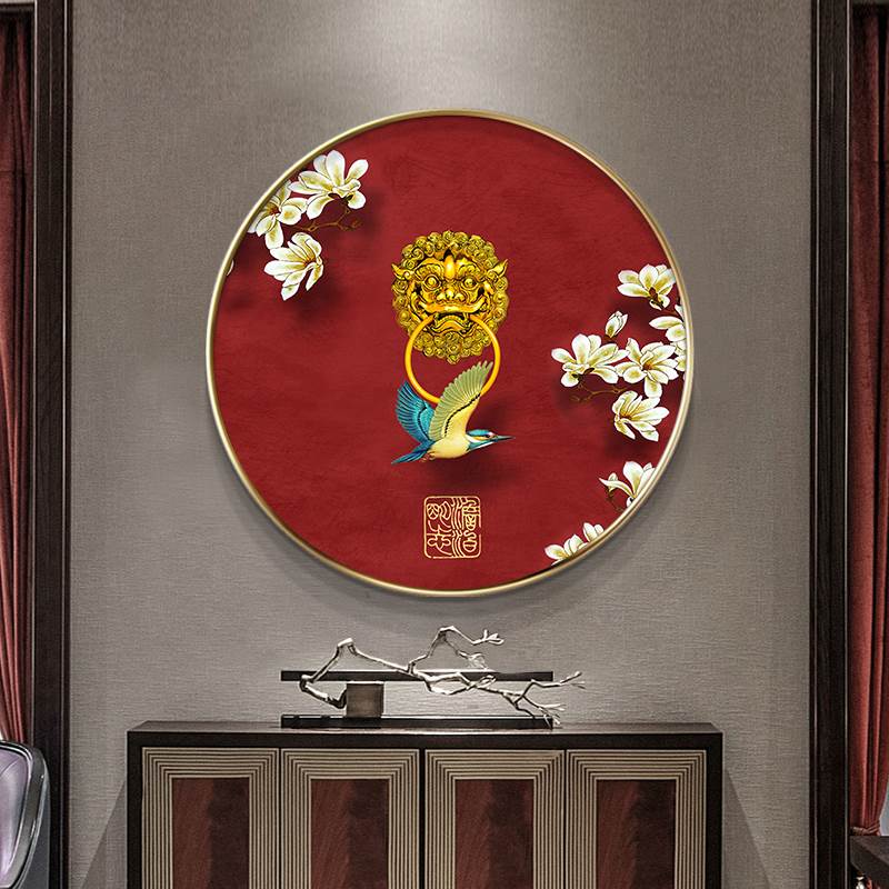 新中式玄关装饰画客厅沙发背景墙壁画中国风茶室禅意花鸟圆形挂画