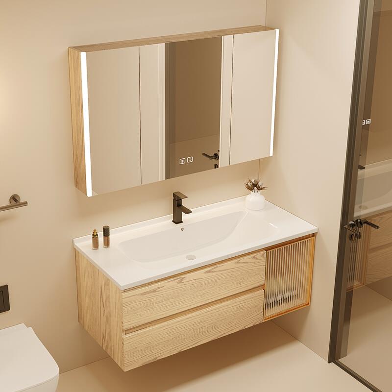 北美红橡木原木色实木浴室柜组合陶瓷一体盆现代洗漱台洗脸盆卫浴
