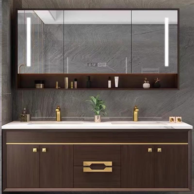 现代简约新中式岩板浴室柜组合柜橡木实木洗漱台洗脸盆柜双盆组合