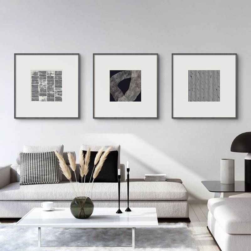 现代高级几何抽象挂画酒店样板间装饰画客厅墙组合正方形黑白壁画
