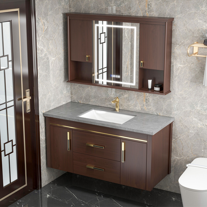 定制新中式岩板陶瓷盆浴室柜挂墙式实木洗漱台橡木洗脸盆镜柜套装