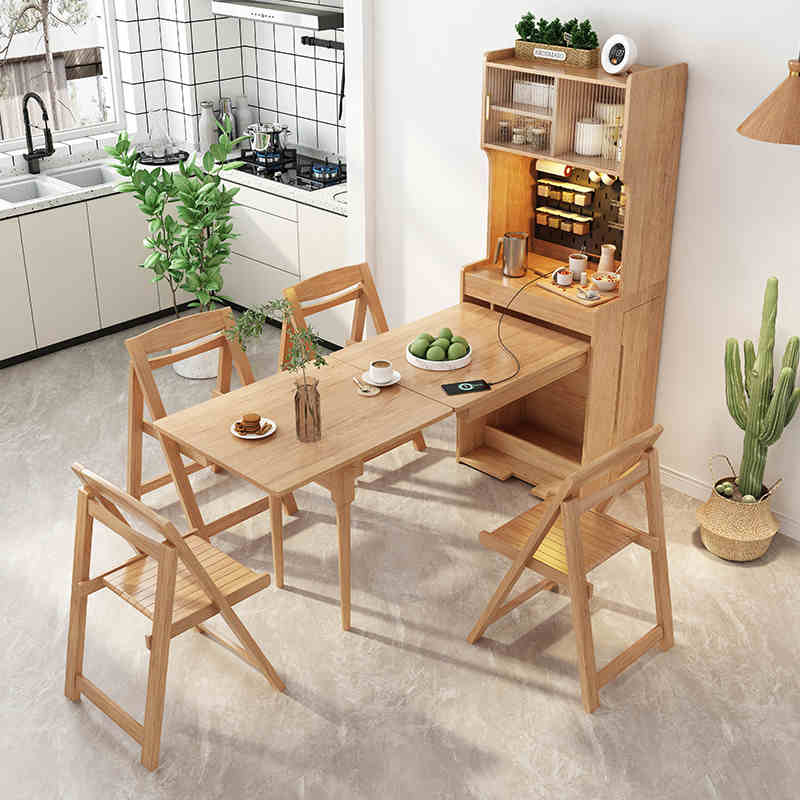 日式折叠餐桌0.65米餐边柜一体多功能实木原木风小户型伸缩吧台