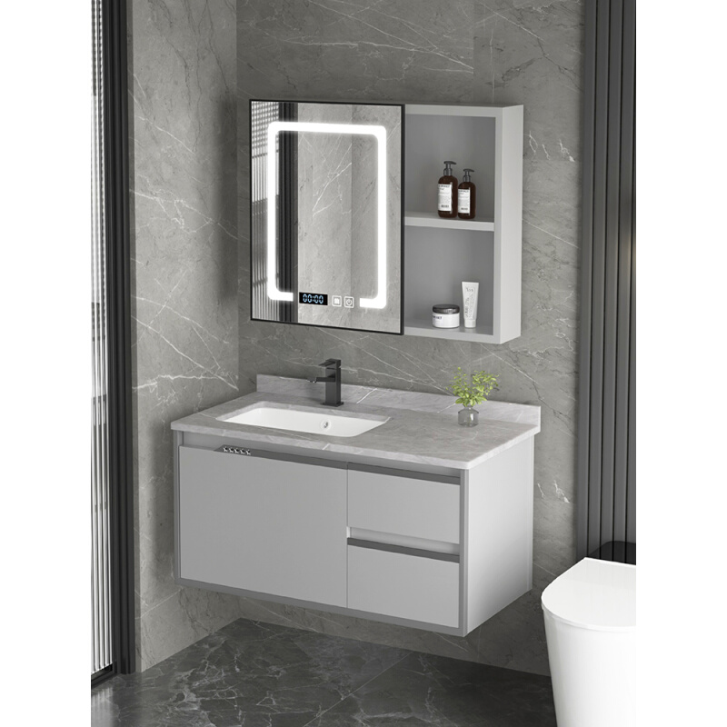 现代简约岩板陶瓷一体盆太空铝浴室柜卫生间洗手洗脸盆柜组合套装