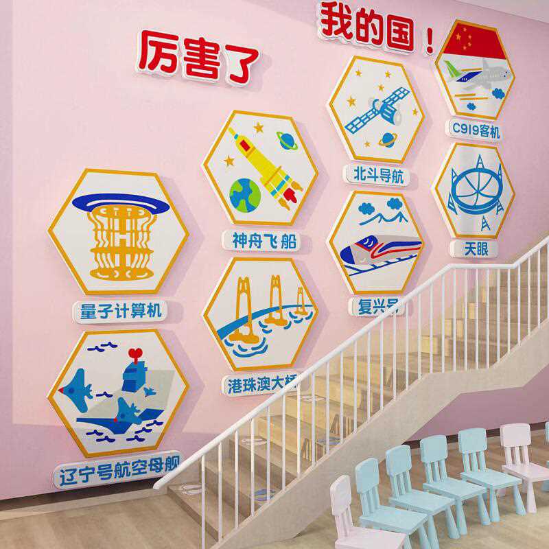 厉害了的国环创境幼儿园面装饰布置FKQ成品墙贴纸科我技主墙题画