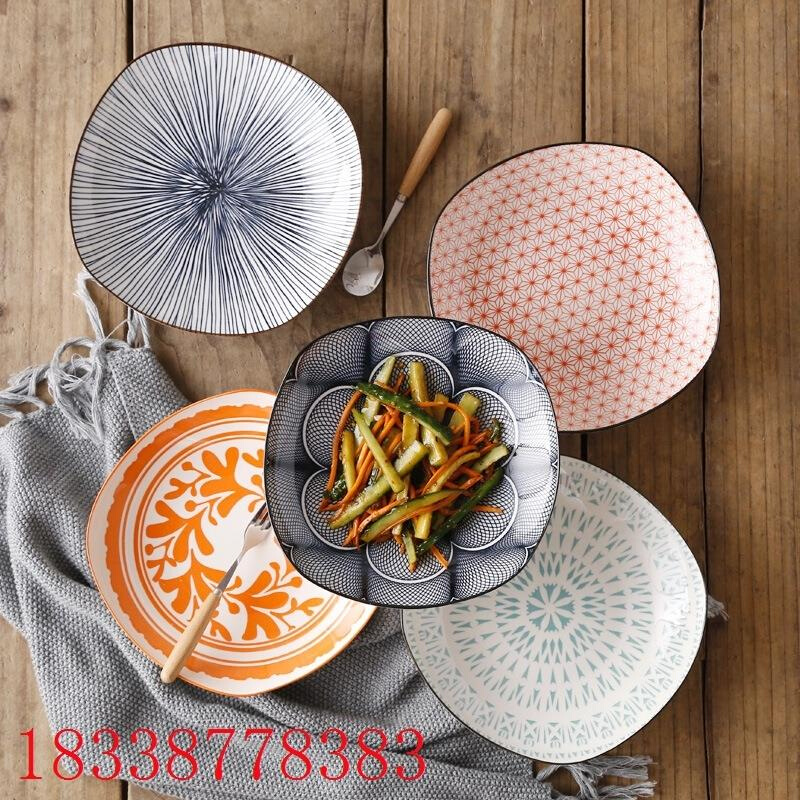 北欧创意现代简约釉下彩陶瓷餐具家用日式8寸深四方饭菜盘碟子