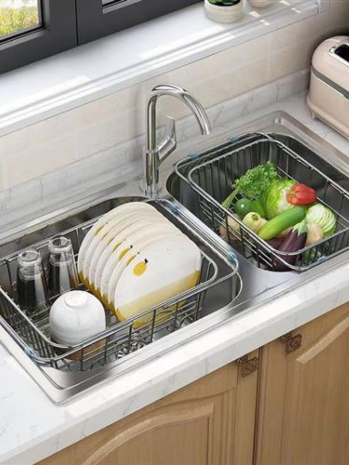 定制厨房水槽沥水架洗菜盆304不锈钢洗碗池可伸缩沥水篮碗筷碟收