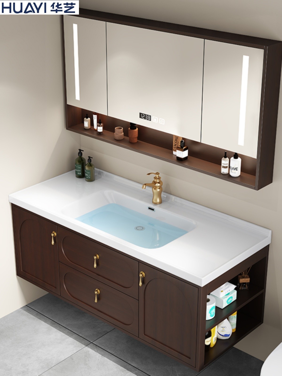 华艺卫浴现代新中式智能浴室柜橡木一体陶瓷盆卫生间实木落地洗手