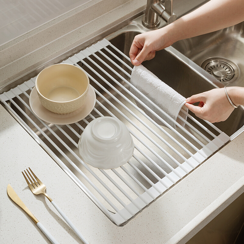 卷帘架厨房硅胶可折叠水槽沥水架 碗碟收纳置物架沥水篮控水神器