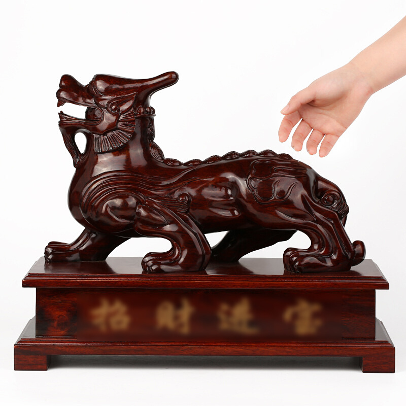 红木雕刻工艺品摆件 新中式客厅玄关装饰动物摆设 实木质貔貅麒麟