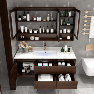 0B32 浴室柜组合新中式橡木实木一体陶瓷盆卫生间洗脸洗手盆