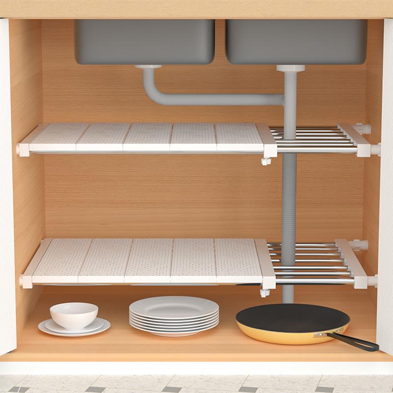 下水槽置物架厨房柜子隔板免打孔伸缩架家用多功能橱柜收纳分层架