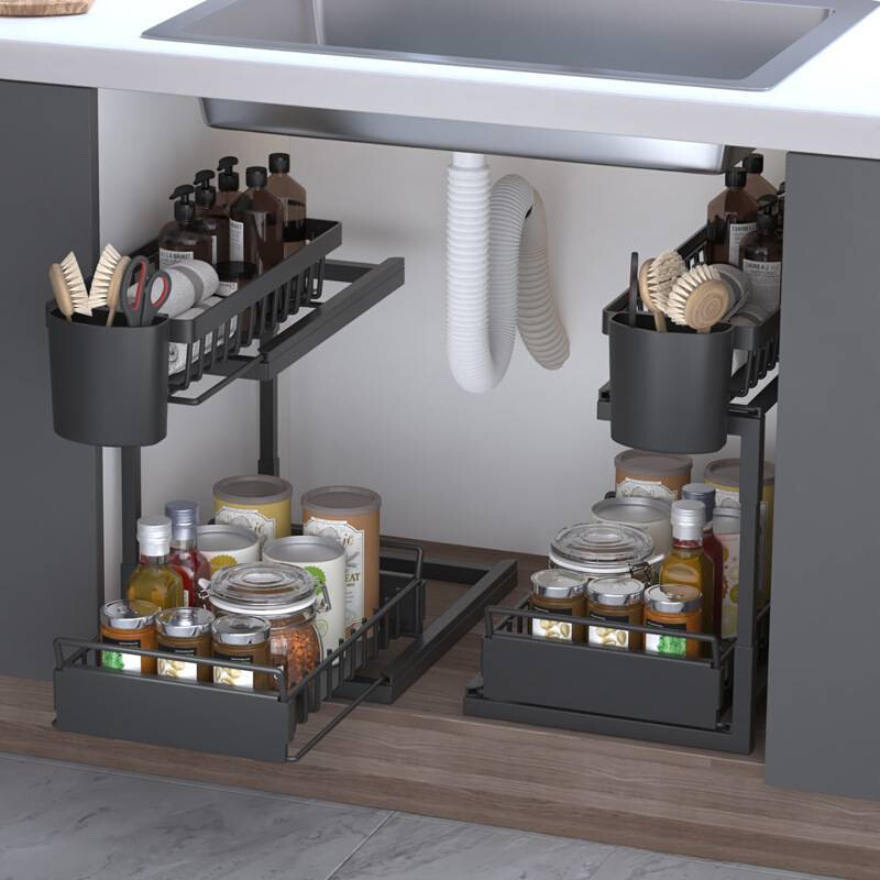 亚马逊厨房下水槽置物架多功能橱柜拉篮调料瓶抽拉式收纳分层架