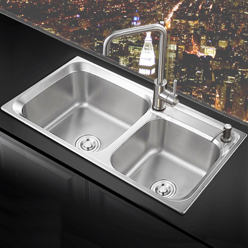 推荐厨房水槽双槽304不锈钢拉丝洗菜盆厨盆洗碗池套餐斜边水池加