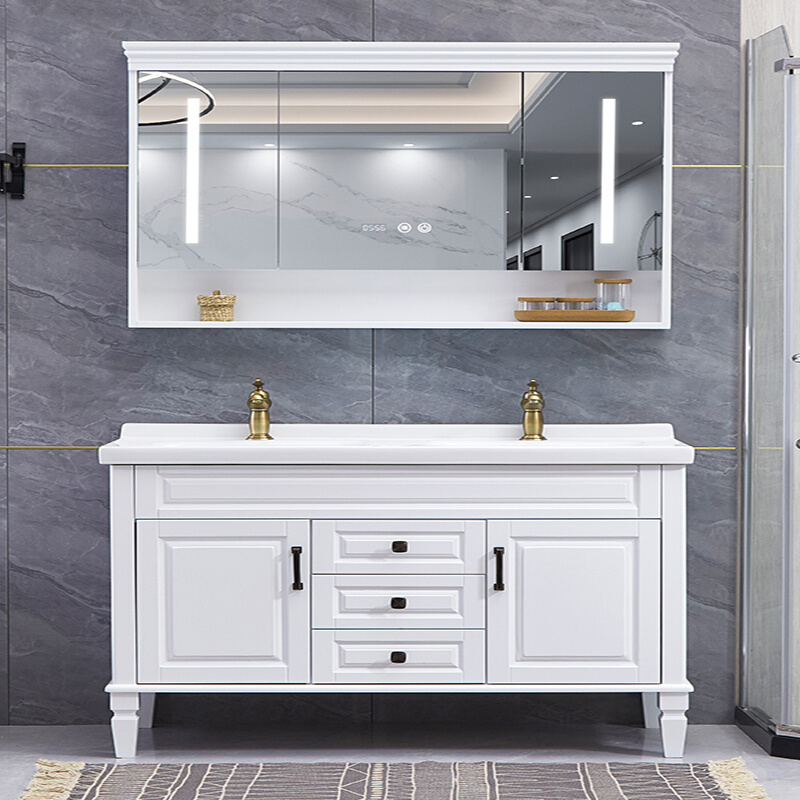 美式橡木浴室柜组合卫生间双盆一体落地洗手洗脸智能镜实木洗漱台