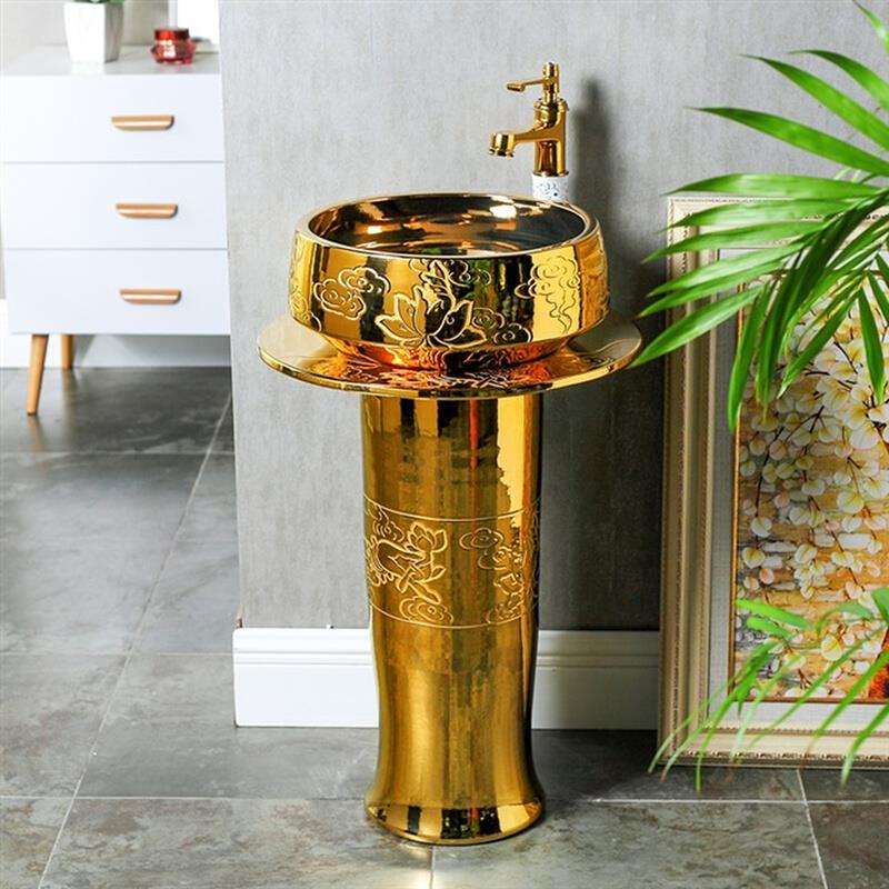 欧式金色艺术立柱盆陶瓷一体柱式洗脸盆落地式台盆立式洗手盆柱盆