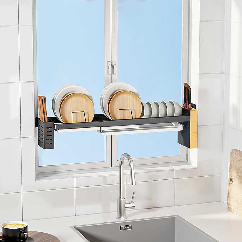 窄款厨房窗台置物架不锈钢可伸缩壁挂橱柜碗碟水槽窗户沥水收纳架