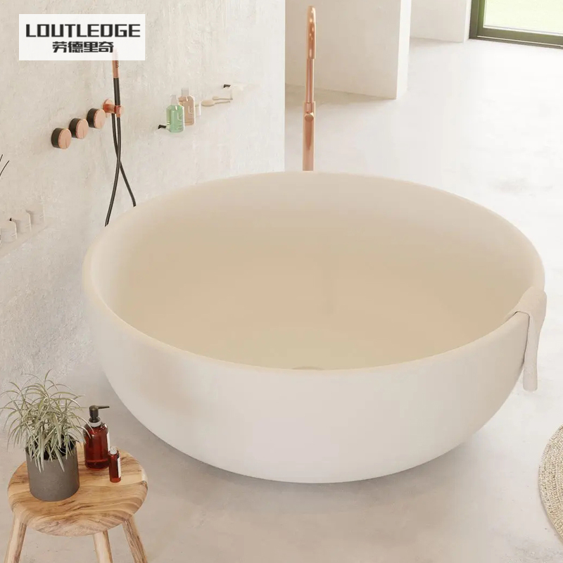 白色圆形酒店民宿1米3 1米5哑光人造石成人浴池浴盆浴桶浴缸定制