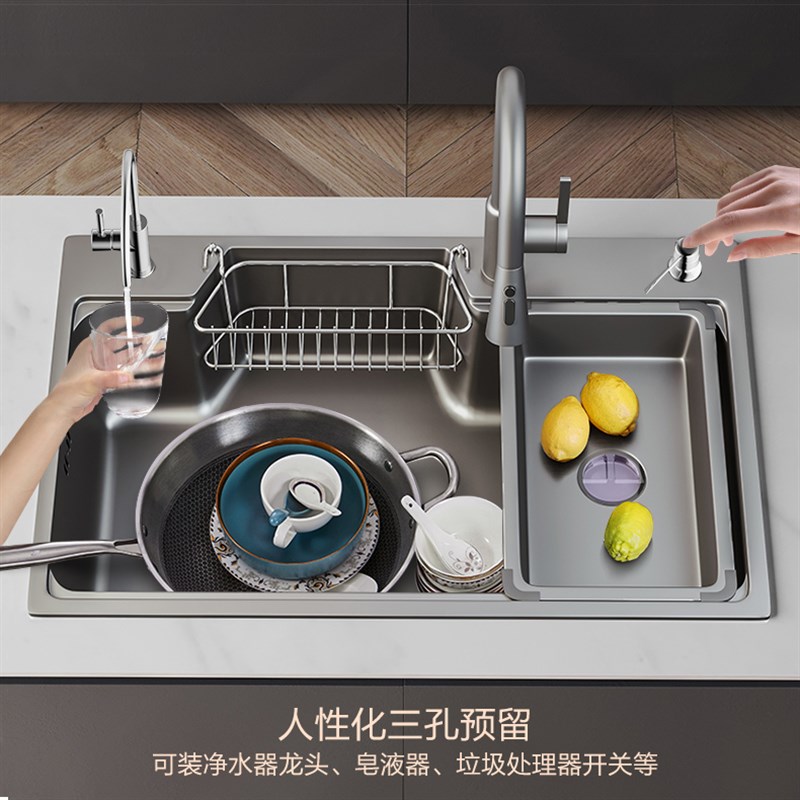 日式家用纳米大单槽厨房304不锈钢水槽洗碗池单盆台下洗菜盆枪灰