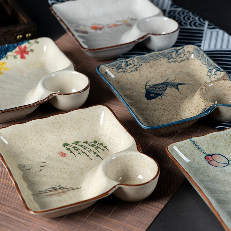 现货速发日式复古陶瓷手绘饺子盘带醋碟蘸料碟家用餐厅方形水饺海