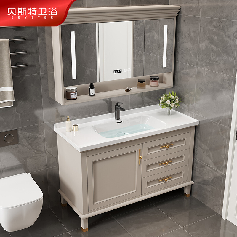 现货速发F2CZ美式简约陶瓷一体双盆浴室柜组合卫生间洗手洗脸池智