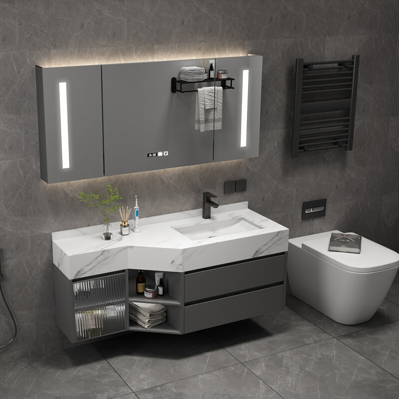 切角智能岩板一体盆浴室柜组合卫生间斜角智能洗手洗脸台盆柜定制