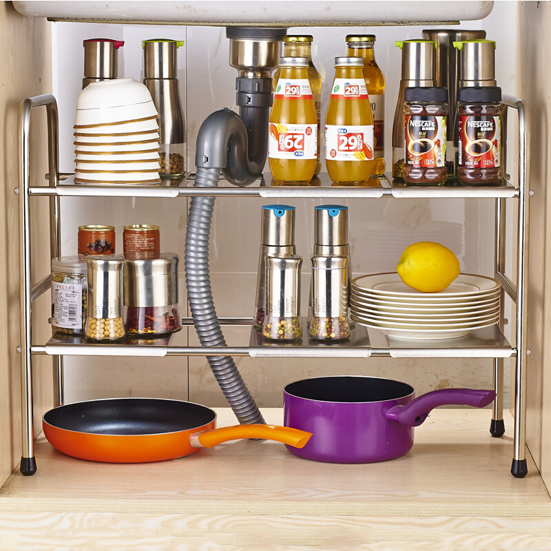 厨房收纳可伸缩下水槽置物架不锈钢卫生间橱柜内储物单双分层隔板