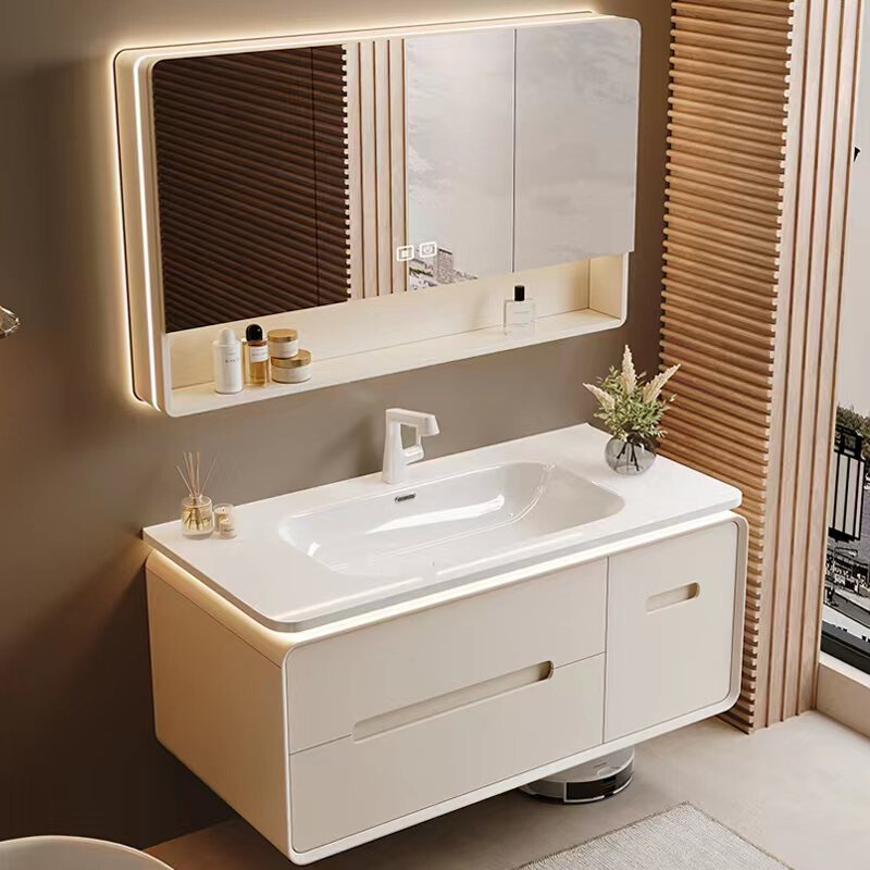 圆角陶瓷一体盆橡木烤漆浴室柜组合卫生间智能洗漱台洗手洗脸盆柜