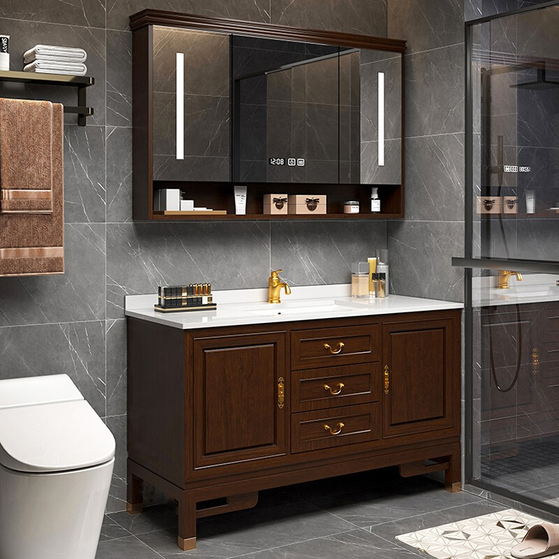 新中式浴室柜组合实木洗脸盆卫生间洗漱台落地美式橡木柜2024新款