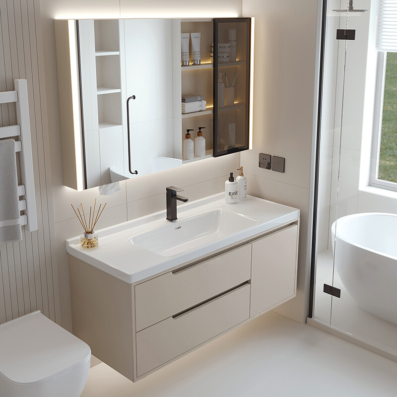 新款橡木烤漆浴室柜一体盆陶瓷简约奶油风卫生间洗脸洗手池洗漱台
