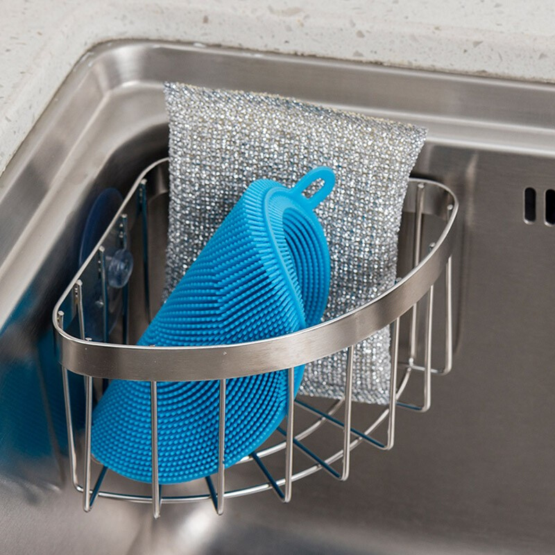 厨房304不锈钢角型水槽吸盘收纳篮  清洁百洁布洗碗布挂篮沥水架