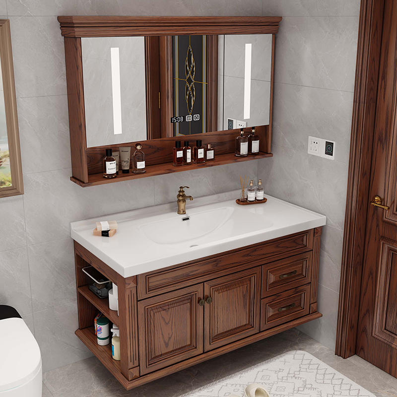 美式红橡木一体陶瓷盆浴室柜实木洗漱台盆柜现代智能卫浴吊柜定制