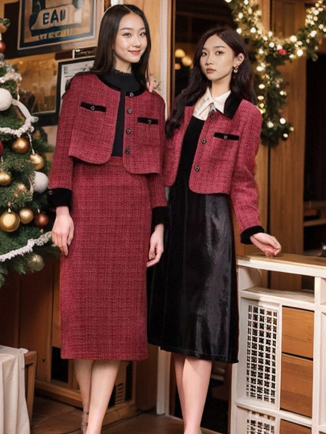 新年战袍本命年红色小香风套装女秋冬正式场合年会小洋装两件套