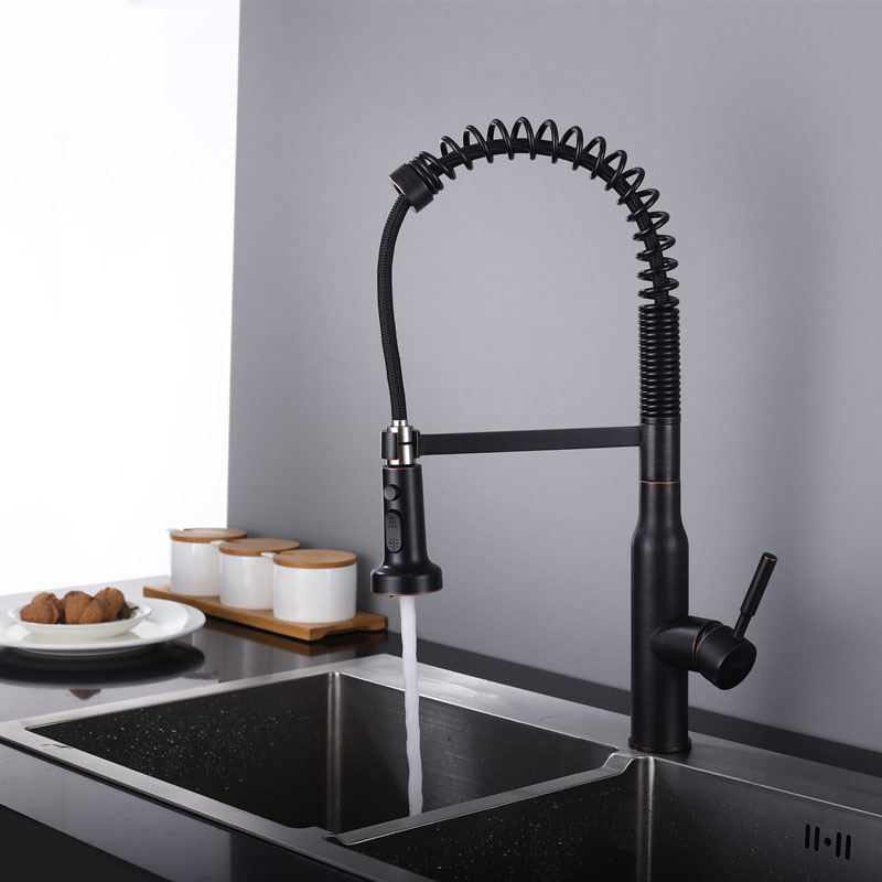 新款德国高端黑色全铜厨房抽拉龙头ORB工艺水槽洗碗池旋转弹簧