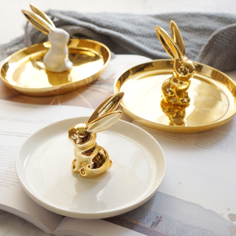 北欧风陶瓷首饰展示架托盘金色兔子收纳盘拍摄道具卧室小饰品摆件