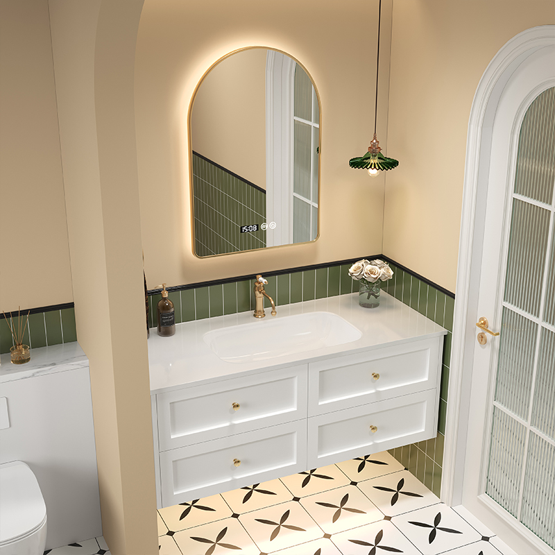 轻法式复古陶瓷一体盆浴室柜组合美式轻奢智能双盆橡木洗手洗脸池