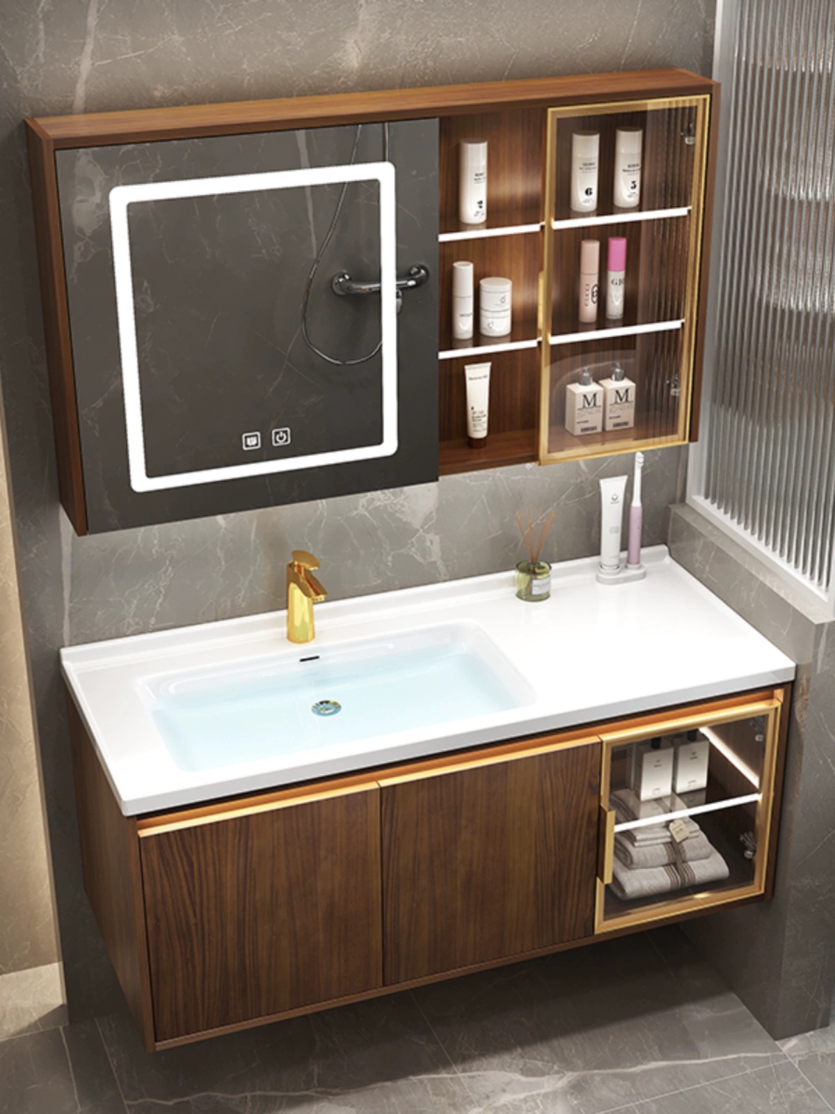 新中式轻奢浴室柜陶瓷一体盆智能镜橡木卫生间洗漱台盆柜组合定制
