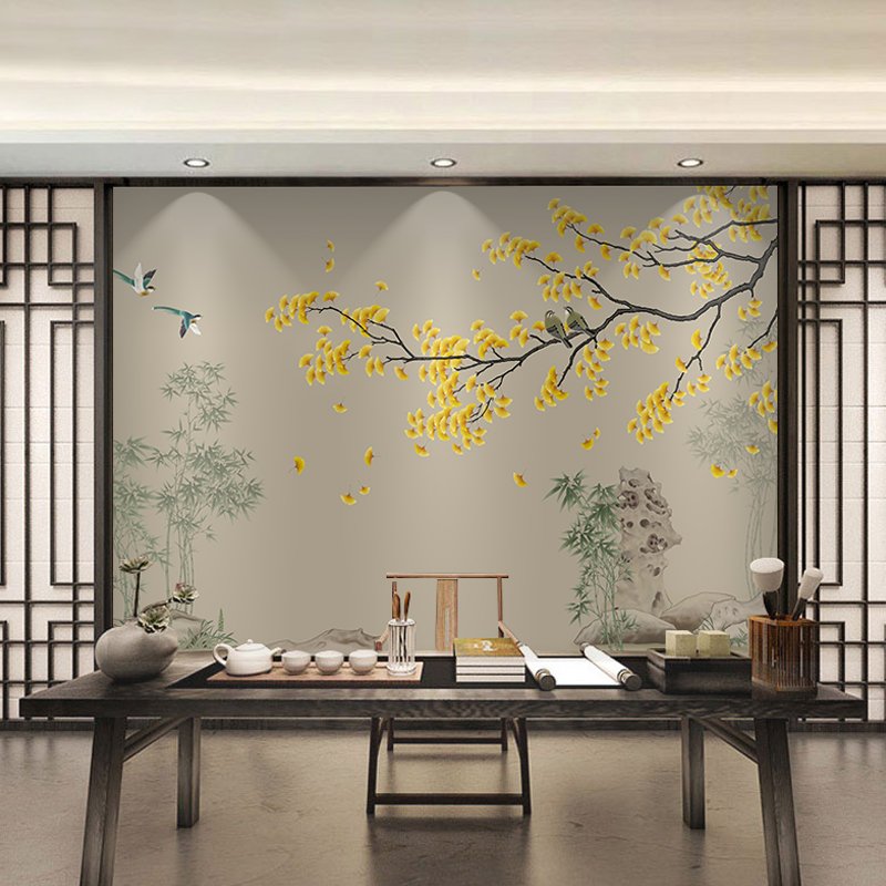 新中式银杏花鸟壁纸3d电视背景墙纸客厅卧室沙发现代简约壁画墙布