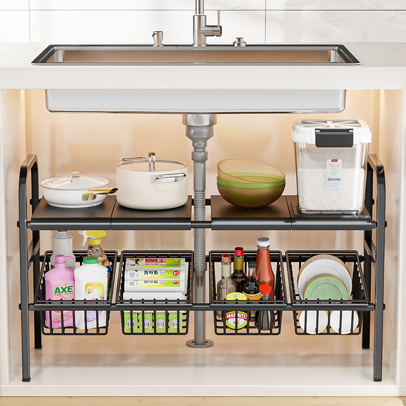 厨房下水槽置物架橱柜分层柜内可伸缩架子柜子锅具收纳多功能锅架