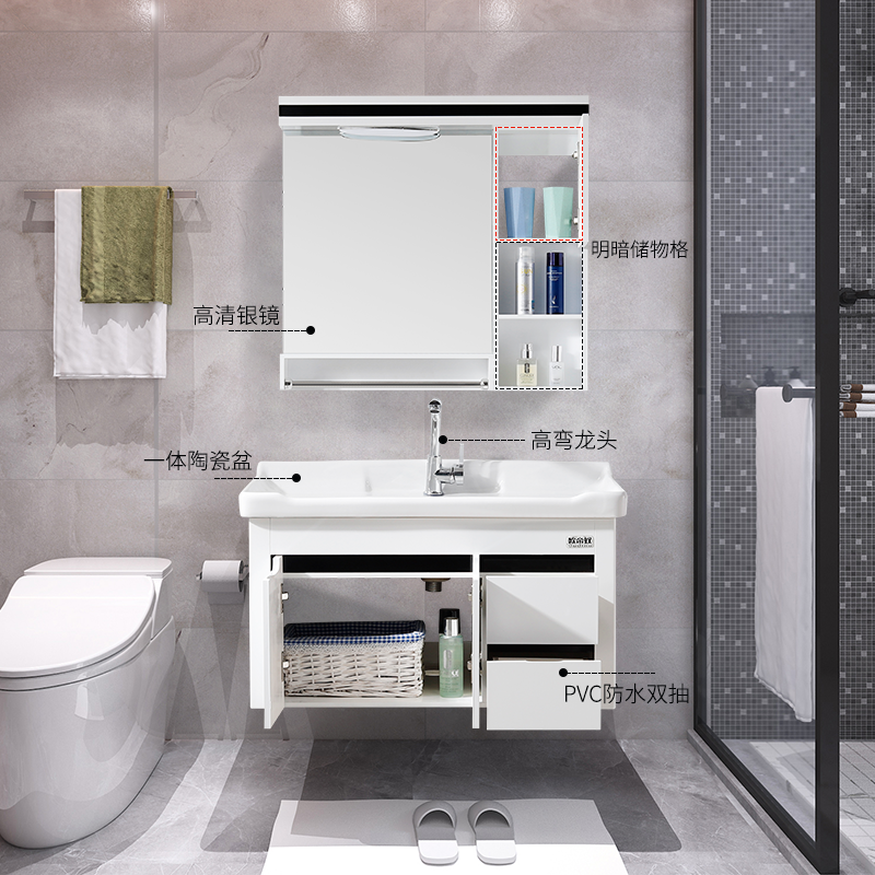欧帝奴（OUDINU）简约现代浴室柜组合悬挂式PVC卫浴柜洗手洗脸盆