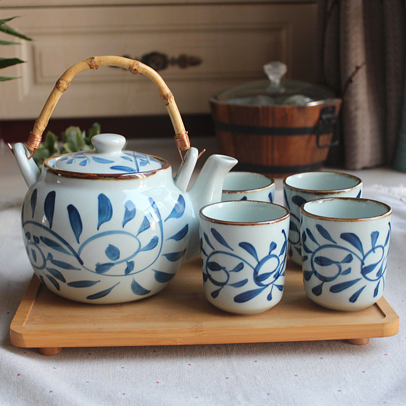 陶瓷大茶壶日式茶壶套装蓝藤手绘壶茶杯餐厅家用釉下彩提梁壶水杯