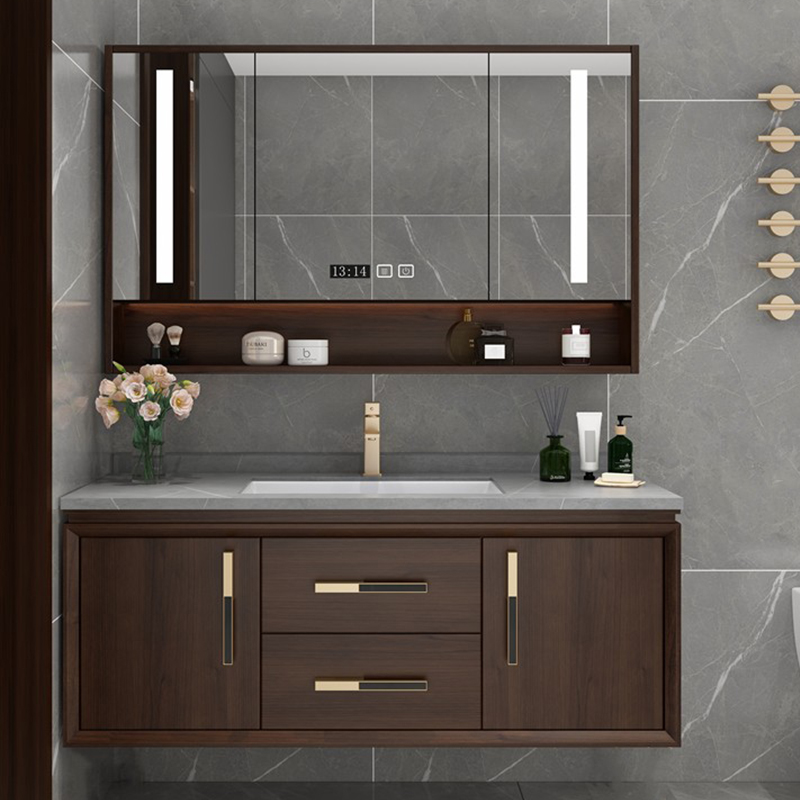 现代新中式浴室柜组合橡木一体岩板卫浴柜卫生间智能洗手洗脸盆柜