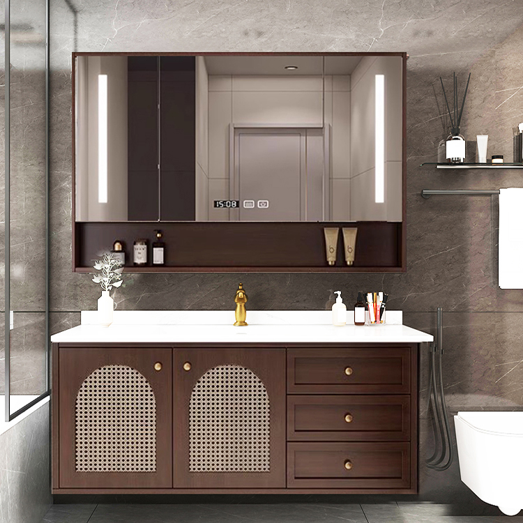 新中式浴室柜橡木烤漆洗手台陶瓷一体盆卫浴柜洗手脸盆实木洗漱台
