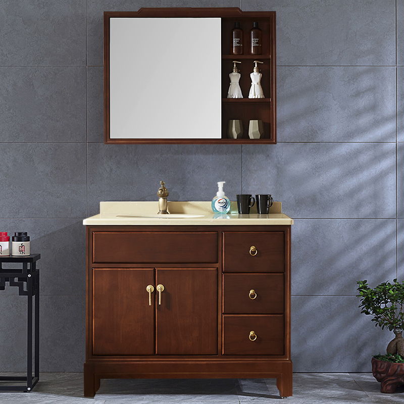 现代新中式实木浴室柜组合洗脸盆卫浴柜洗漱台洗手台盆柜带柜镜