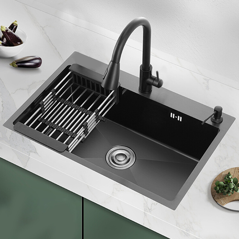 厨房水槽304不锈钢手工盆纳米黑金刚 单槽加厚台上洗菜盆