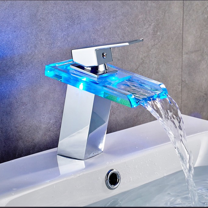 温控三色LED发光玻璃水龙头 方形瀑布面盆台上盆冷热水头龙头厨房